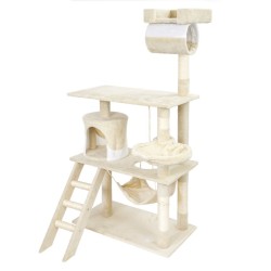 Kiipeilypuu 141 cm, beige/valkoinen, sisal, kissantalo, riippumatto ja makuupodi