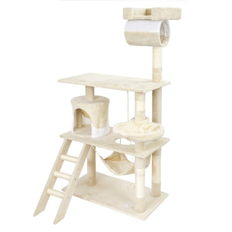 Kiipeilypuu 141 cm, beige/valkoinen, sisal, kissantalo, riippumatto ja makuupodi