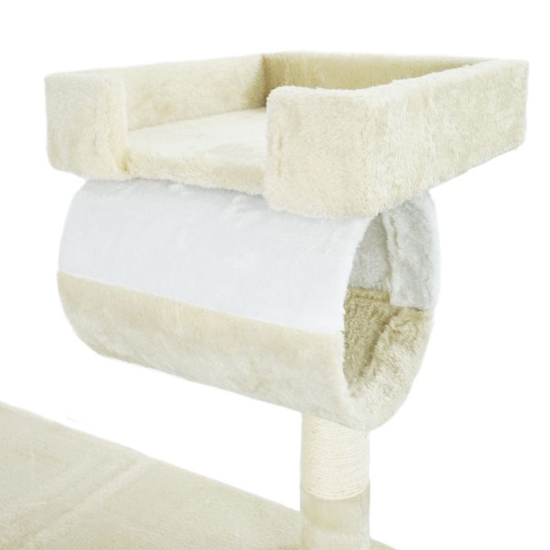 Kiipeilypuu 141 cm, beige/valkoinen, sisal, kissantalo, riippumatto ja makuupodi