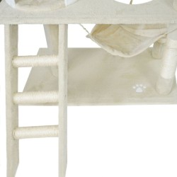 Kiipeilypuu 141 cm, beige/valkoinen, sisal, kissantalo, riippumatto ja makuupodi