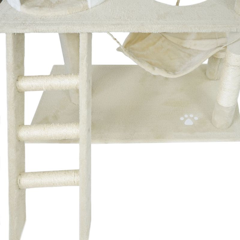Kiipeilypuu 141 cm, beige/valkoinen, sisal, kissantalo, riippumatto ja makuupodi