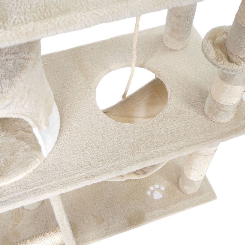 Kiipeilypuu 141 cm, beige/valkoinen, sisal, kissantalo, riippumatto ja makuupodi