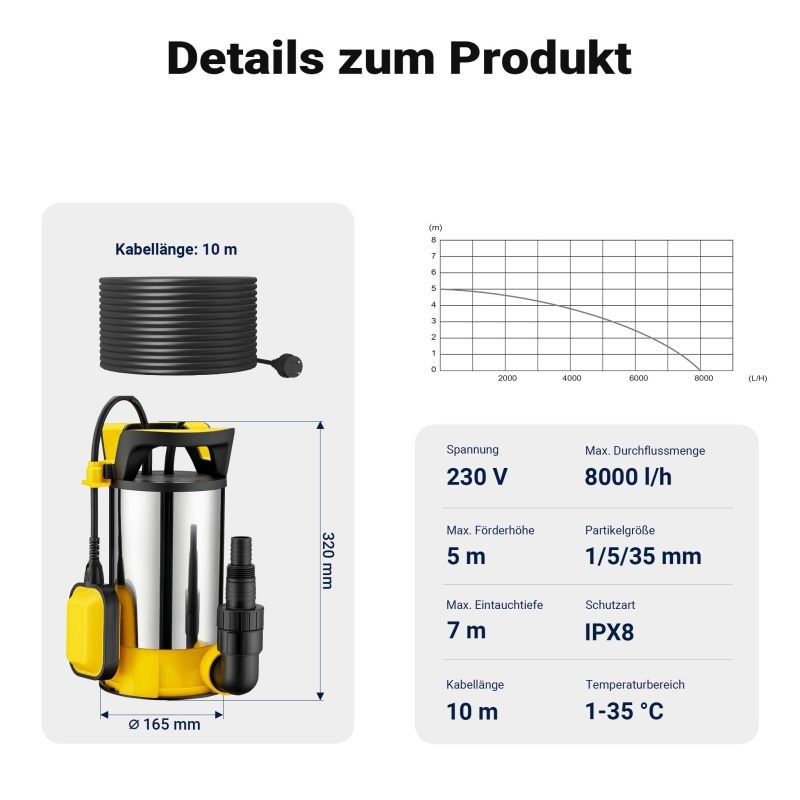 3-in-1 Uppopumppu 400 W, 8000 l/h, ruostumaton teräs, matalaimu 1 mm, kellukskytkin