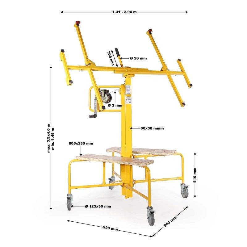 Levynnostin 75 kg, korkeus 145-350 cm, maksimileveys 2,90 m, kallistettava, 4 lukittavaa pyörää