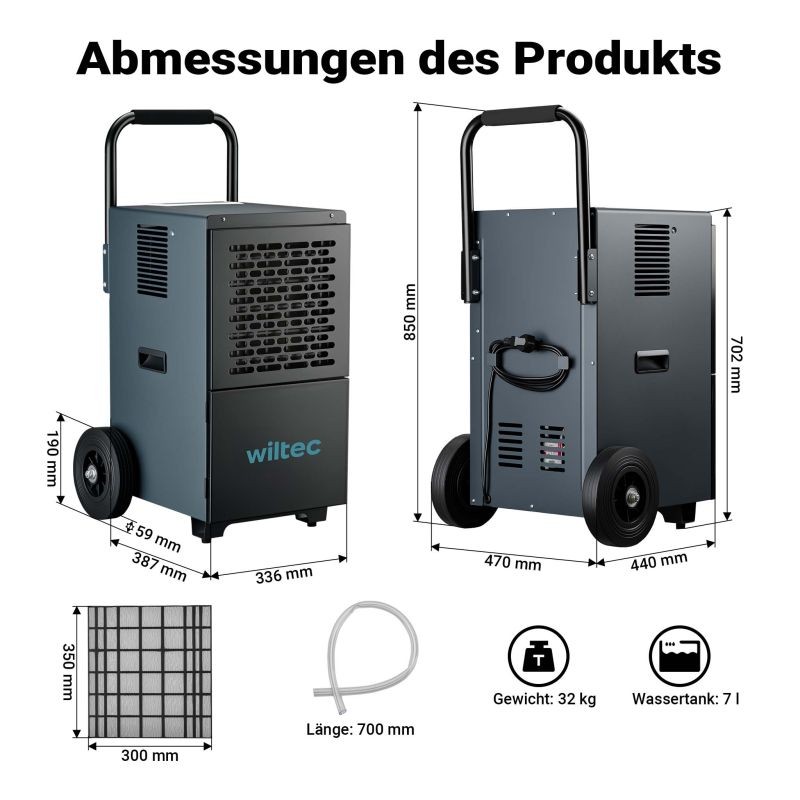 Rakennuskuivuri 50 l/vrk, 650 W, 7 l säiliö, 24 h ajastin