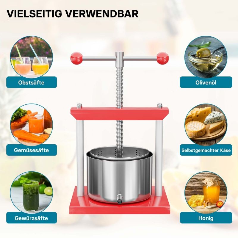 Hedelmä- ja mehupuristin 3 l, ruostumaton teräskori, punainen