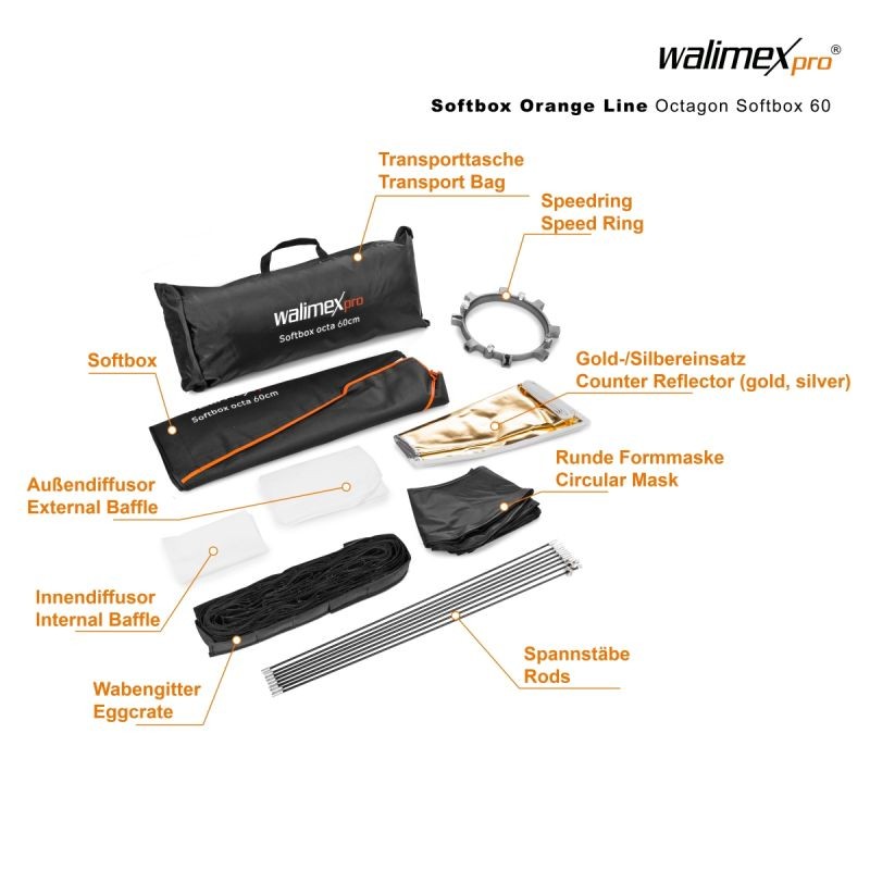 Walimex pro Octagon Softbox Plus Orange Line 60 cm, kulta-hopea-sisäpaneeli, Aurora/Bowens-adapteri