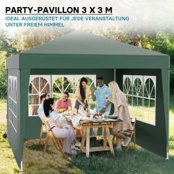 Paviljonki 3 x 3 m, vihreä, UV-suoja 50+, vedenhylkivä, irrotettavat seinät ja ikkunat