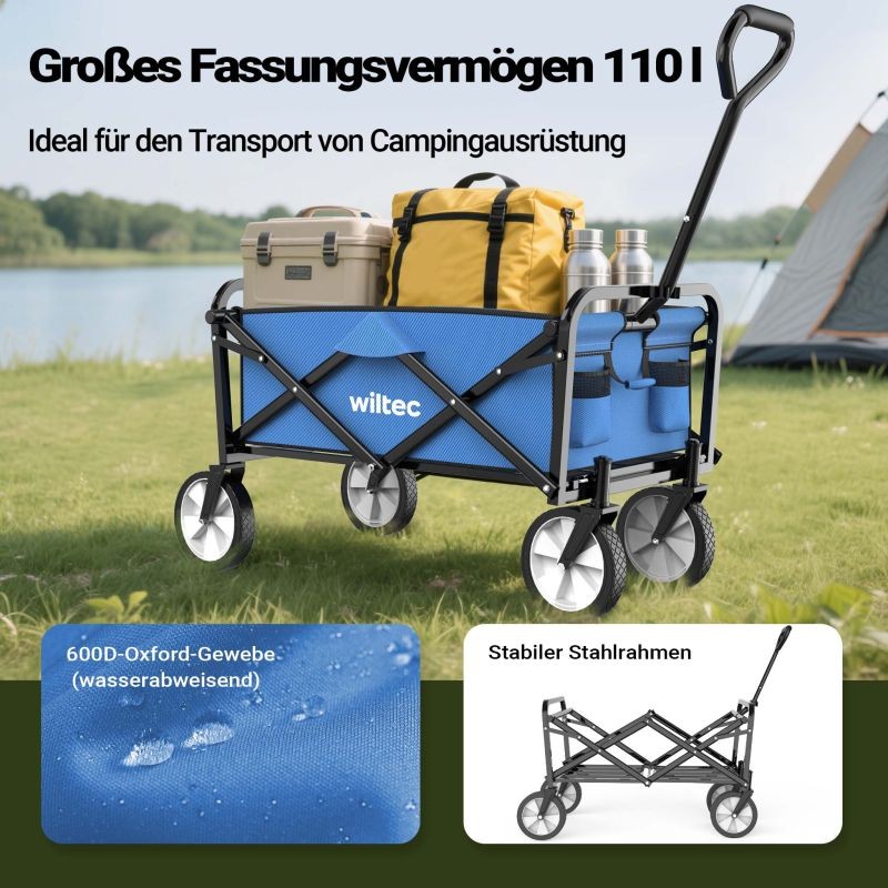 Taitettava vetokärry, sininen, 600D Oxford, kantavuus 68 kg, maastokäyttöön