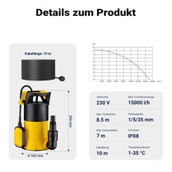 3-in-1-uppopumppu 850 W, 15 000 l/h, likaveden pumppu kellukskytkimellä, imusyvyys 1 mm
