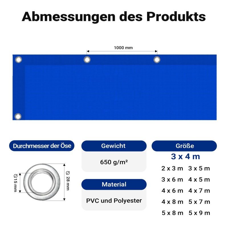 Vedenpitävä suojapeite 3 x 4 m, sininen, PVC-pinnoitettu polyesteri 650 g/m², UV-suojaus