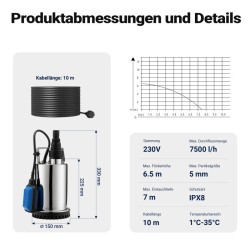 Likaveden uppopumppu 7500 l/h, 400 W, nostokorkeus 6,5 m, hiukkaskoko 5 mm