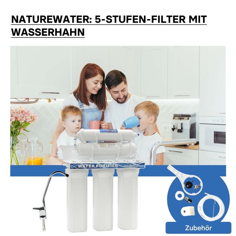 Naturewater NW-PR305 5-vaiheinen vesisuodatin, 5 µ, PP, tiskialtaan alle / seinäkiinnitys, hana