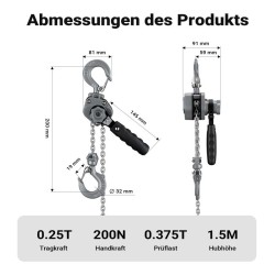 Vipukäyttöinen ketjunostin 250 kg, nostokorkeus 1,5 m, alumiini