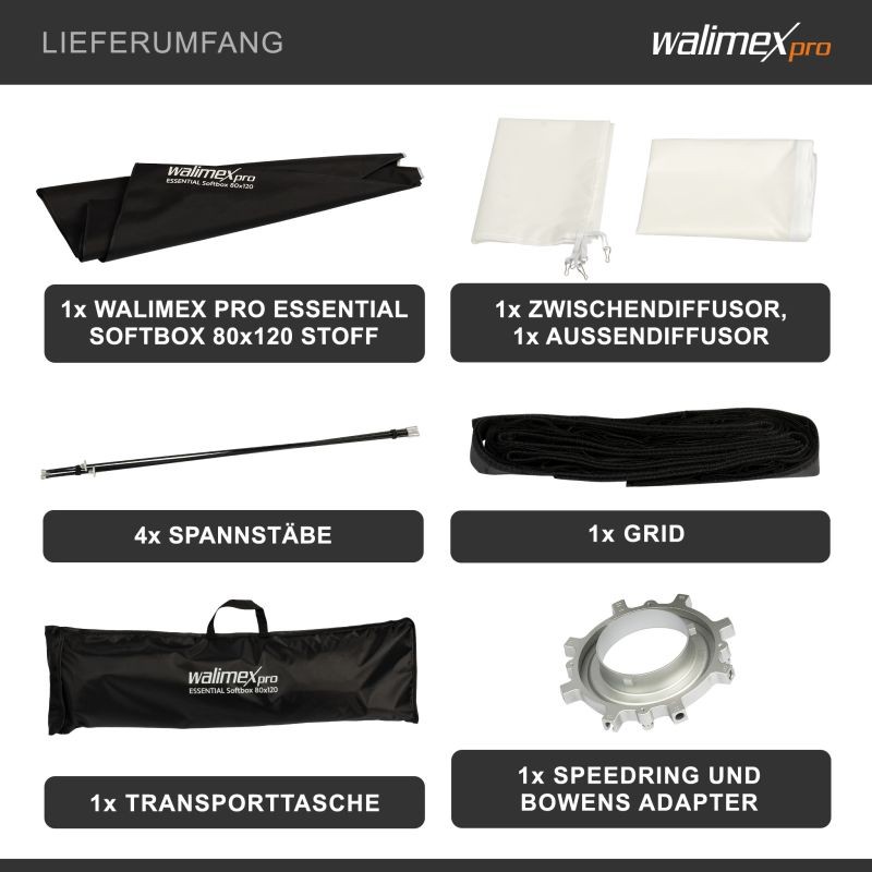 Walimex pro Essential Striplight-softbox 80 x 120 cm, kenno, Bowens-adapteri ja kuljetuslaukku