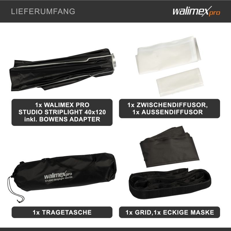 Walimex pro Studio Striplight Softbox 40 x 120 cm, Bowens-adapterilla