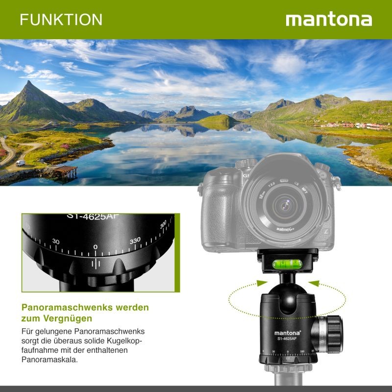 Mantona Fortress kuulapää 46 mm, 25 kg, panoraamitoiminto, 3 vatupasia, pikavapautuslevy