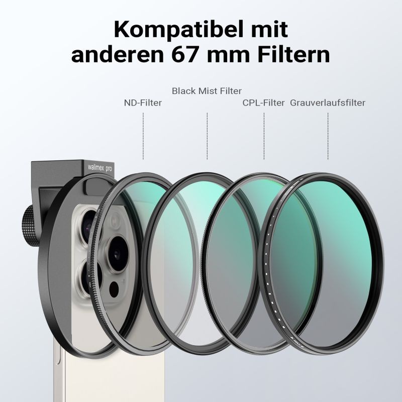 Walimex pro Suodatinpidike 67 mm älypuhelimelle, ND-suodatin ja Cold Shoe -kiinnike