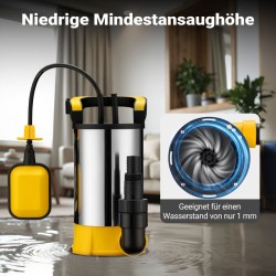 Puhtaan veden uppopumppu 900 W, 17 000 l/h, kellukytkin, ruostumaton teräs, imukorkeus 1 mm, maksimi 9 m