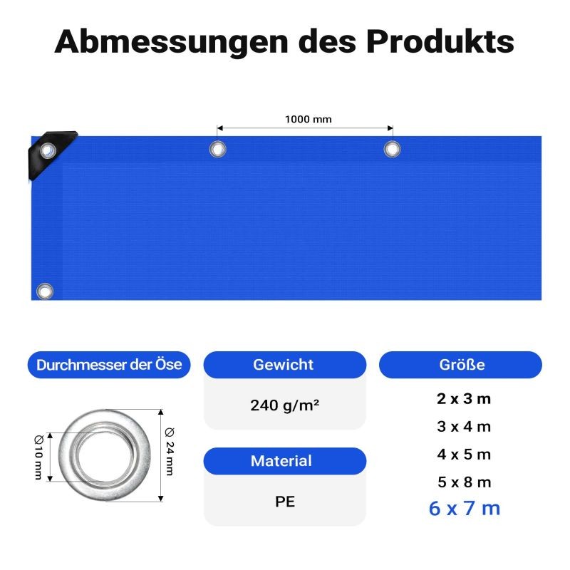 Vedenpitävä suojapeite 7 x 6 m, sininen, PE 240 g/m², UV-kestävä, rei'ityksillä