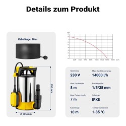 Uppopumppu 3-in-1 ruostumaton teräs 750 W, 14 000 l/h, kellukskytkin, 1 mm imusyvyys