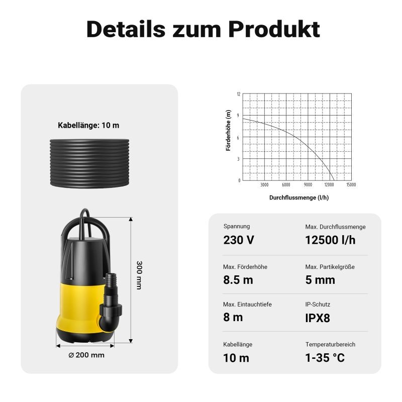 XPOtool likavesipumppu 12500 l/h, 750 W, max. nousukorkeus 8,5 m, epäpuhtaudet 5 mm