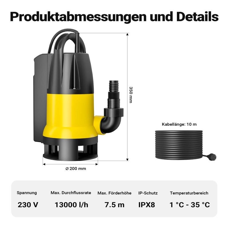 Likaveden pumppu 13 000 l/h 750 W, nostokorkeus 7,5 m, partikkelikoko 35 mm