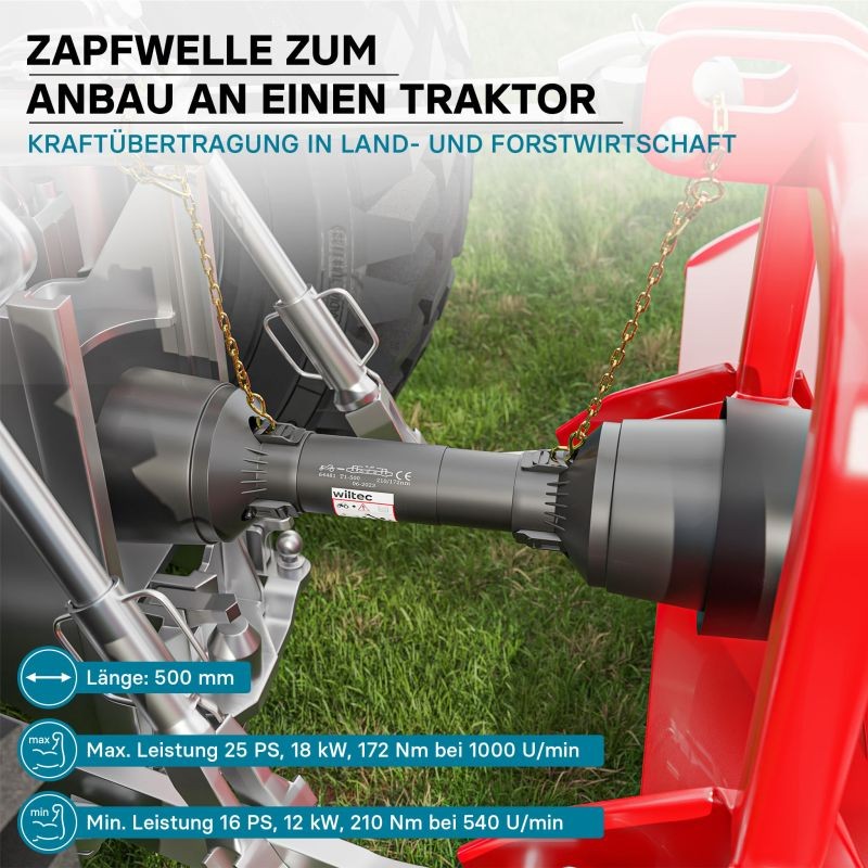 Voimansiirtokardaani T1 500 mm 210 Nm 540 rpm 18 kW 25 PS 34,9 mm 6 hammasta