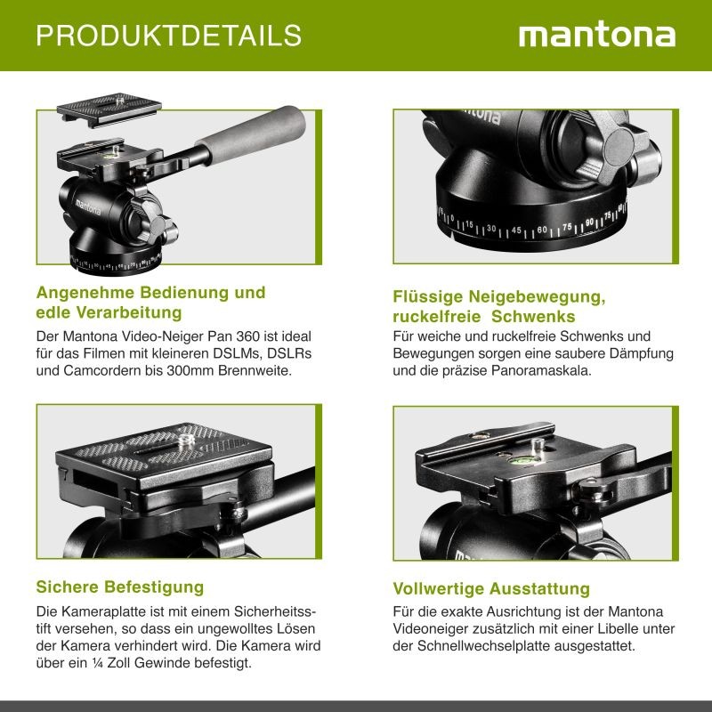 Mantona Pan 360 videopää, musta, 250 x 90 x 90 mm