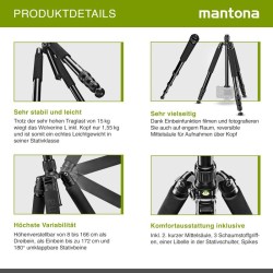 Mantona Wolverine L 284 alumiininen kamerajalusta, kantavuus 15 kg, maksimikorkeus 166 cm, monopod-toiminto