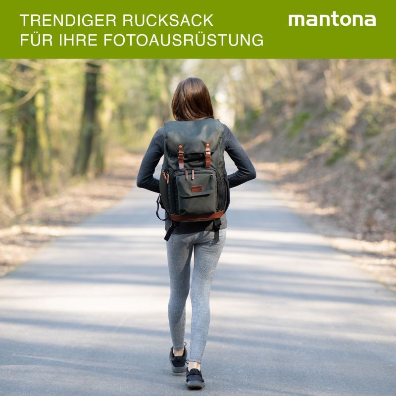 Mantona Luis junior Retro-kamerareppu, oliivi, nahka, laptop-lokero, sadesuoja