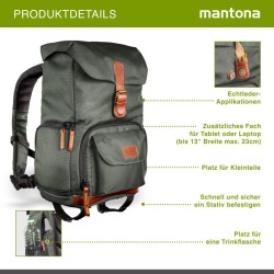 Mantona Luis junior Retro-kamerareppu, oliivi, nahka, laptop-lokero, sadesuoja