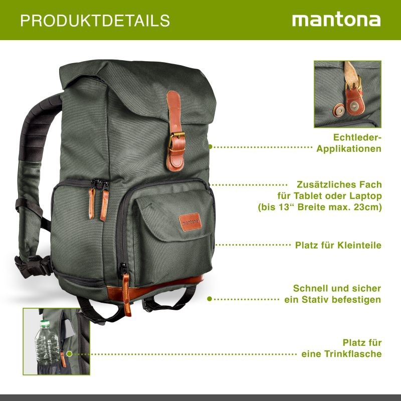 Mantona Luis junior Retro-kamerareppu, oliivi, nahka, laptop-lokero, sadesuoja