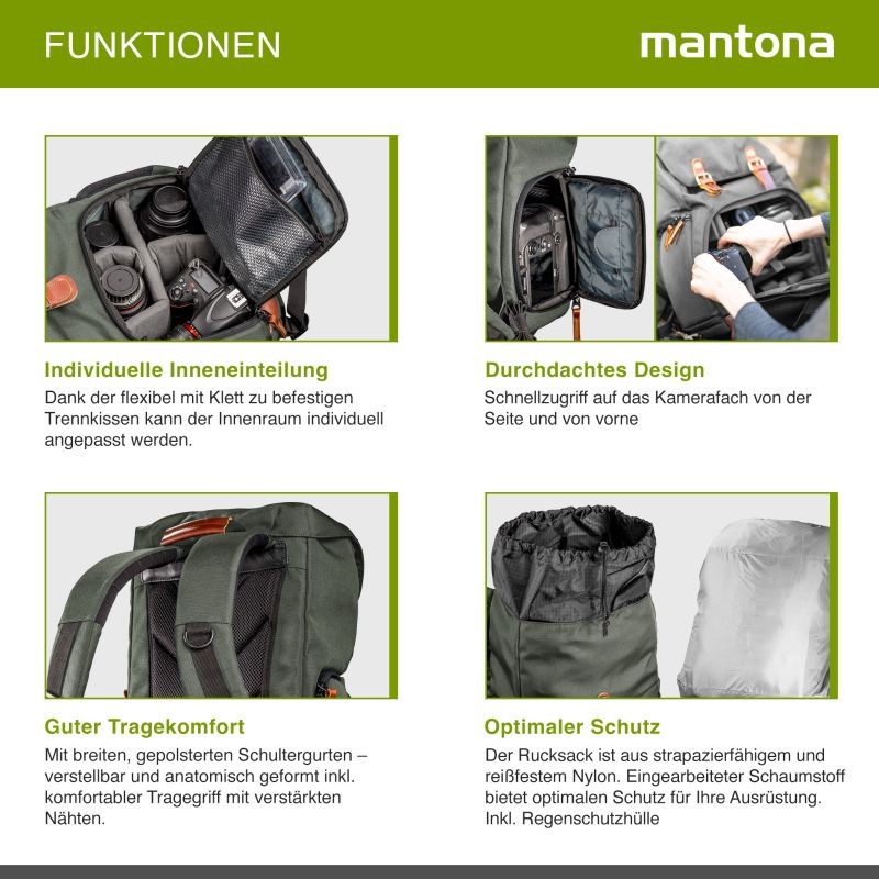 Mantona Luis junior Retro-kamerareppu, oliivi, nahka, laptop-lokero, sadesuoja