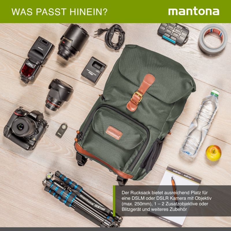 Mantona Luis junior Retro-kamerareppu, oliivi, nahka, laptop-lokero, sadesuoja