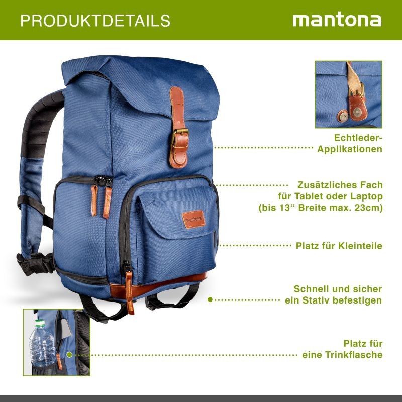 Mantona Luis junior Retro Kamerareppu, sininen, nahka, laptop-osio ja sadesuoja