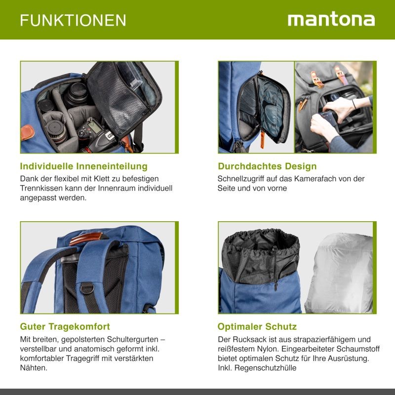 Mantona Luis junior Retro Kamerareppu, sininen, nahka, laptop-osio ja sadesuoja