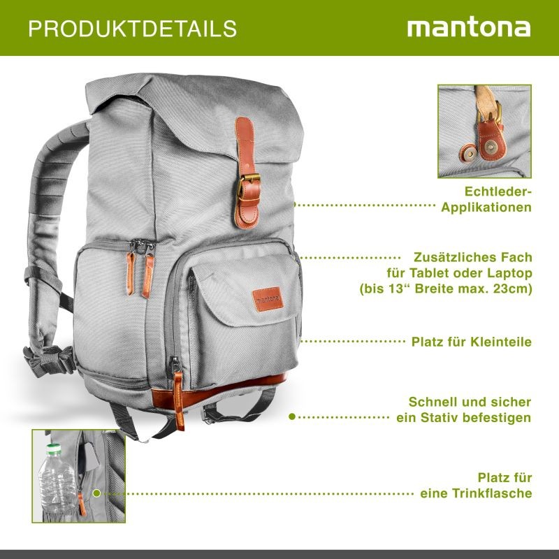 Mantona Luis junior Retro kamerareppu, harmaa, nahkayksityiskohdilla, sadesuojalla ja tietokoneen lokerolla