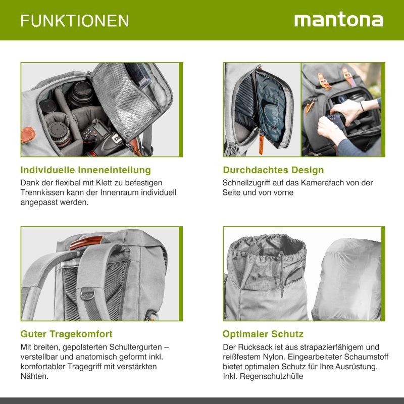 Mantona Luis junior Retro kamerareppu, harmaa, nahkayksityiskohdilla, sadesuojalla ja tietokoneen lokerolla