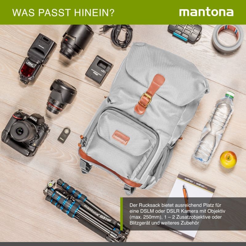 Mantona Luis junior Retro kamerareppu, harmaa, nahkayksityiskohdilla, sadesuojalla ja tietokoneen lokerolla