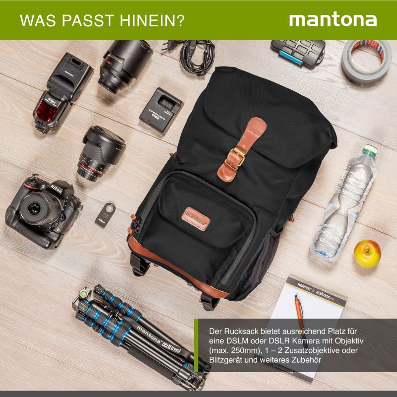 Mantona Luis junior Retro-kamerareppu, musta, nahka, sadesuoja ja laptop-lokero