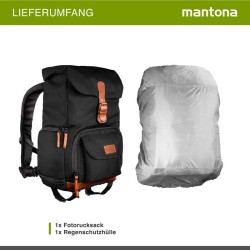 Mantona Luis junior Retro-kamerareppu, musta, nahka, sadesuoja ja laptop-lokero