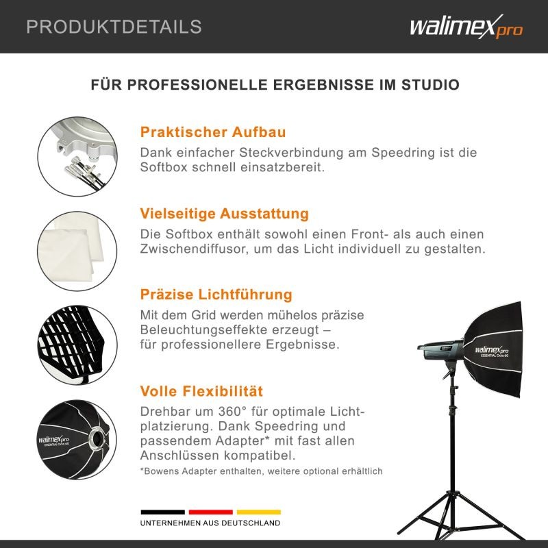 Walimex pro Essential Okta-softbox 60 cm, Bowens-adapteri, kenno-grid ja kuljetuslaukku