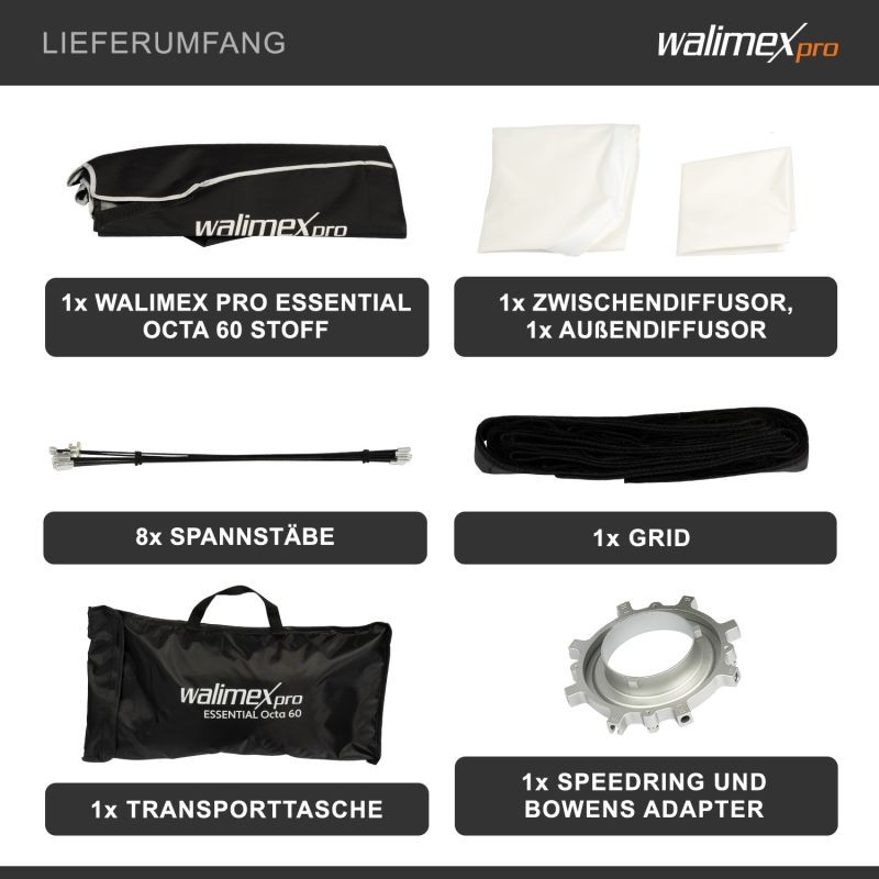 Walimex pro Essential Okta-softbox 60 cm, Bowens-adapteri, kenno-grid ja kuljetuslaukku