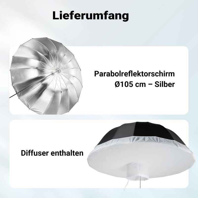 Walimex pro Parabolinen heijastinvarjo ja diffuusori 105 cm, musta/hopea, valonmuokkaussarja