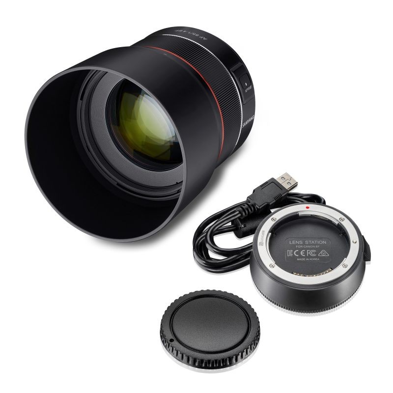 Samyang AF 85mm f/1.4 Canon EF teleobjektiivi ja Lens Station