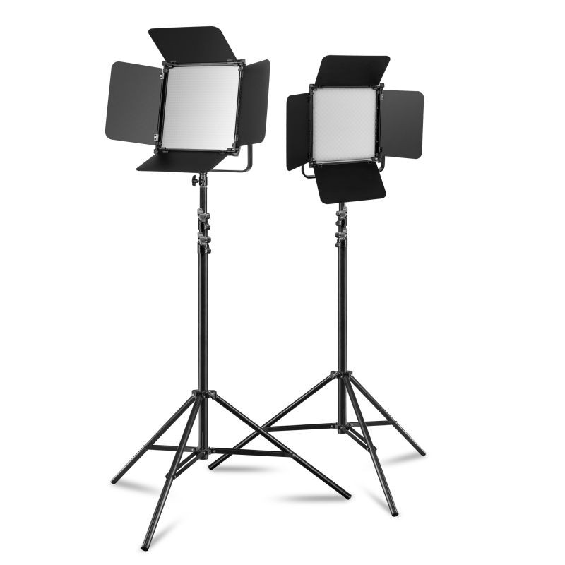 Walimex pro 2 kpl LED Niova 100-F Pro 100 W LED-paneelivaloa ja 2 kpl jalustaa, säädettävä värilämpötila