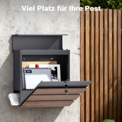 Toboli V63 teräksinen seinäpostilaatikko antrasiitti ja puu 410 x 130 x 370 mm lukittava sanomalehtitila