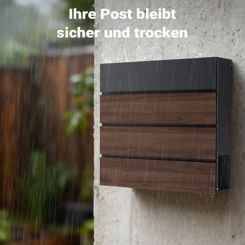 Toboli V63 teräksinen seinäpostilaatikko, antrasiitti ja puu, 410 x 130 x 370 mm, lukittava, sanomalehtitila