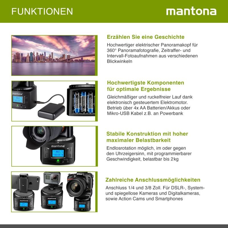 Mantona Turnaround 360 Advanced 3 sähkökäyttöinen panoraamapää, 360° jatkuva pyöritys, musta